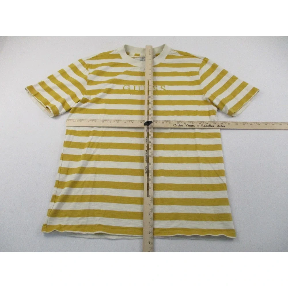 Guess Shirt Mens Small Yellow Striped Originals Embroidered Logo Crewneck Tee - Picture 5 of 9